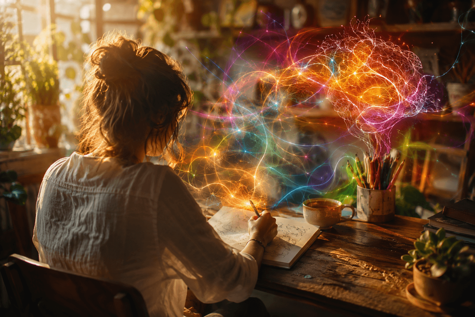 Illustration lumineuse et inspirante de la créativité et du cerveau, idées prenant forme dans un environnement chaleureux