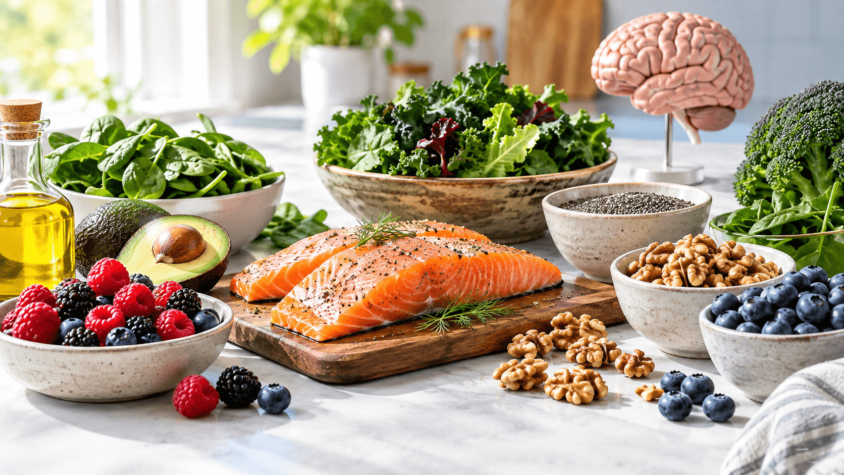 Aliments bons pour le cerveau, poisson gras, noix, baies et légumes verts, disposés sur une table lumineuse et naturelle