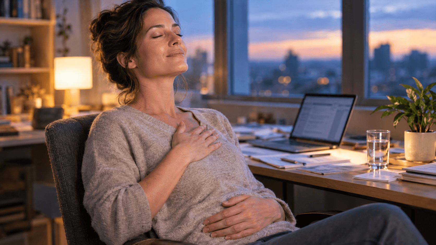 Femme assise près d'une fenêtre au crépuscule, yeux fermés, main sur la poitrine, respirant lentement après le travail