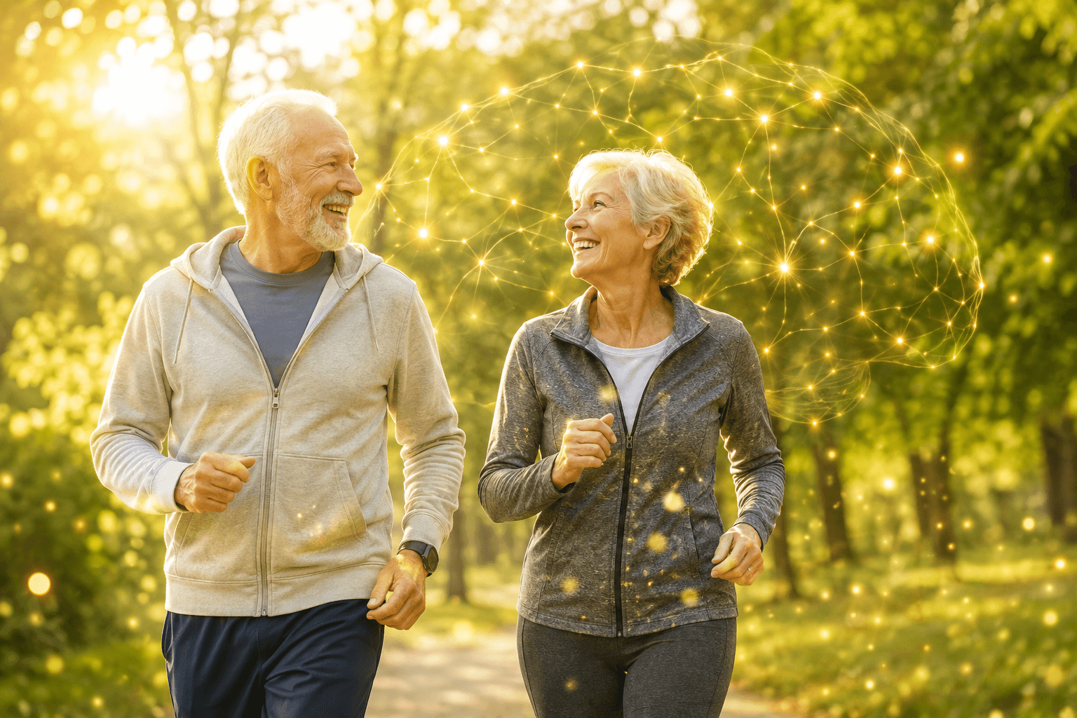 Couple de seniors actifs marchant en pleine lumière, symbole de vitalité cérébrale et de vieillissement en bonne santé