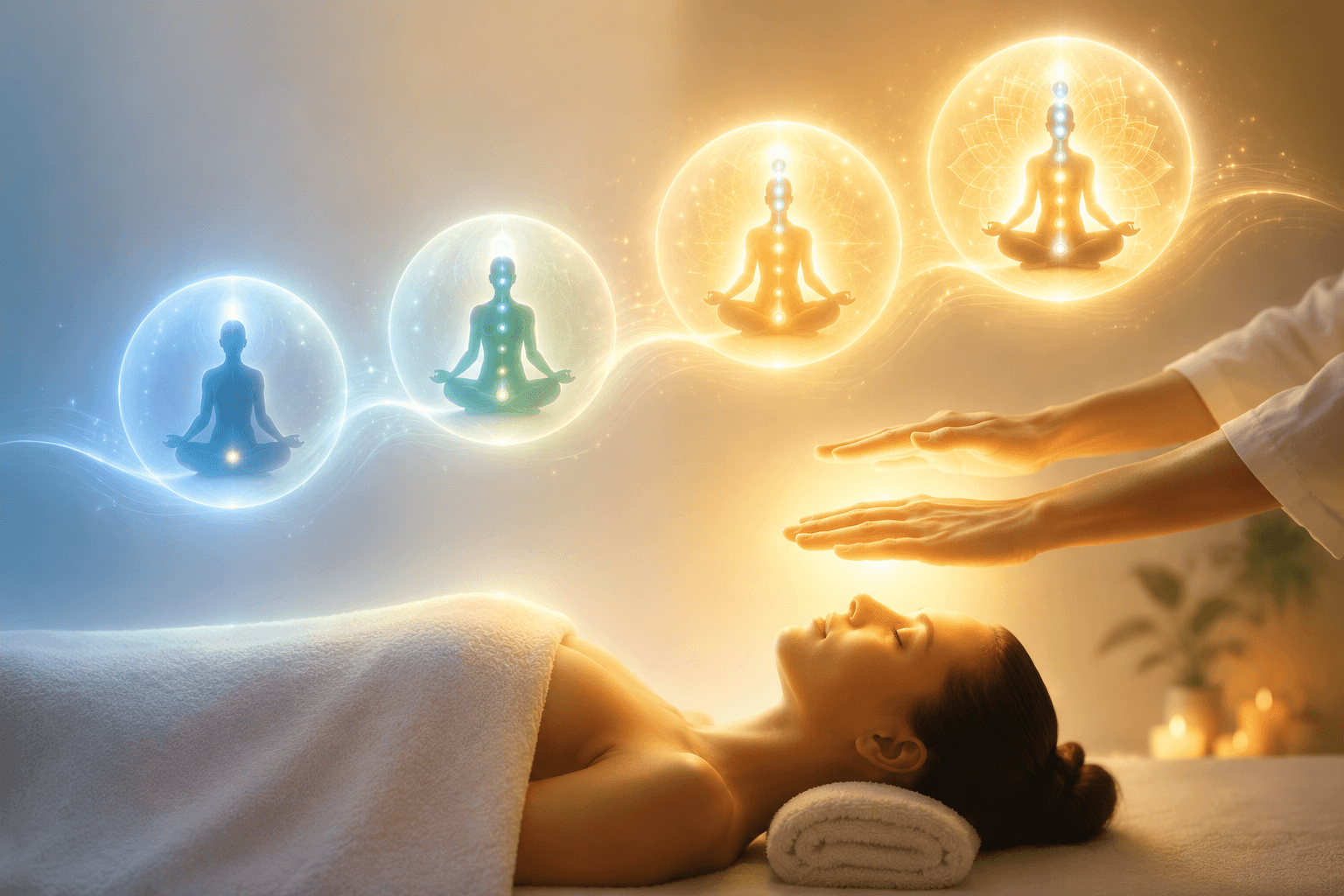 Illustration apaisante représentant les niveaux de pratique du Reiki, du premier degré à la maîtrise