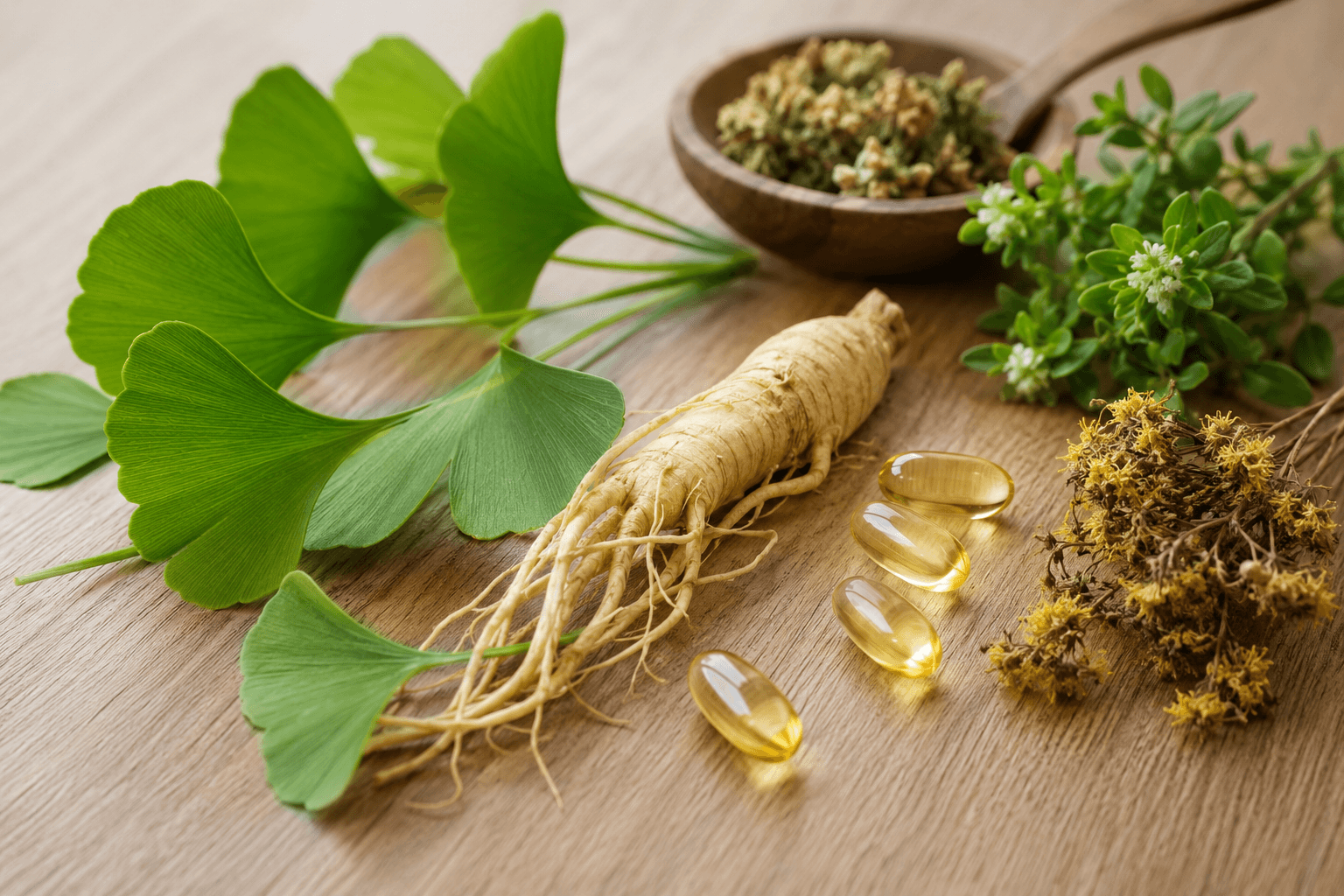 Plantes et compléments à visée cognitive : feuilles de ginkgo biloba, racine de ginseng et gélules dans une ambiance naturelle et sereine