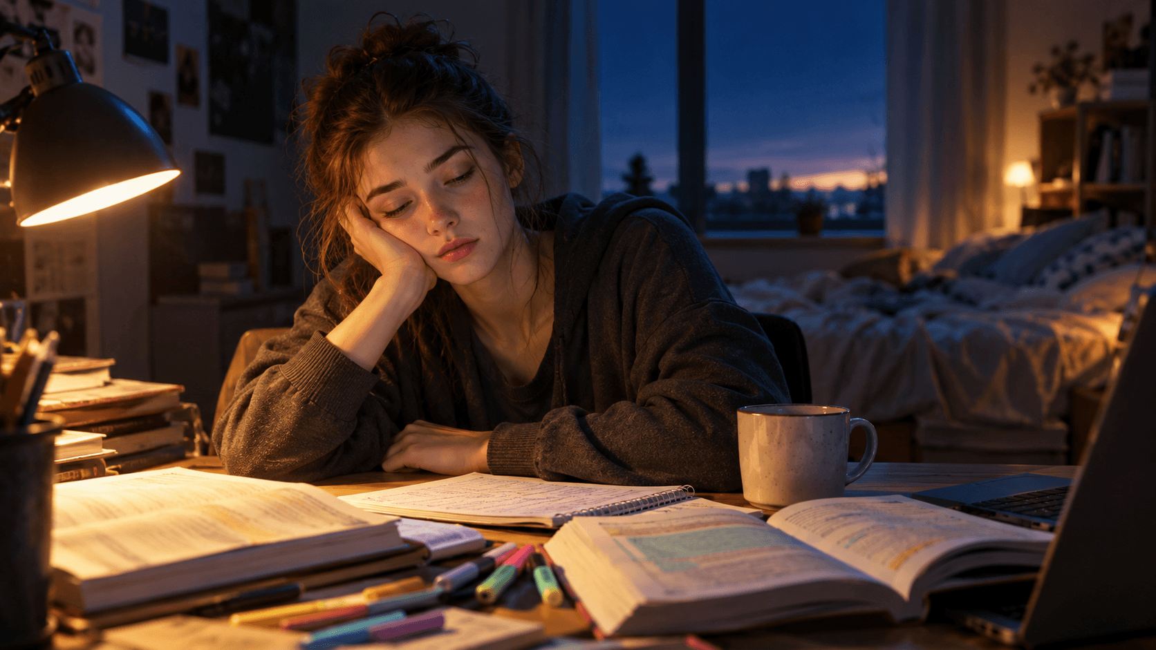 Étudiante épuisée révisant tard la nuit à son bureau éclairé par une lampe, entourée de manuels et de fiches de révision