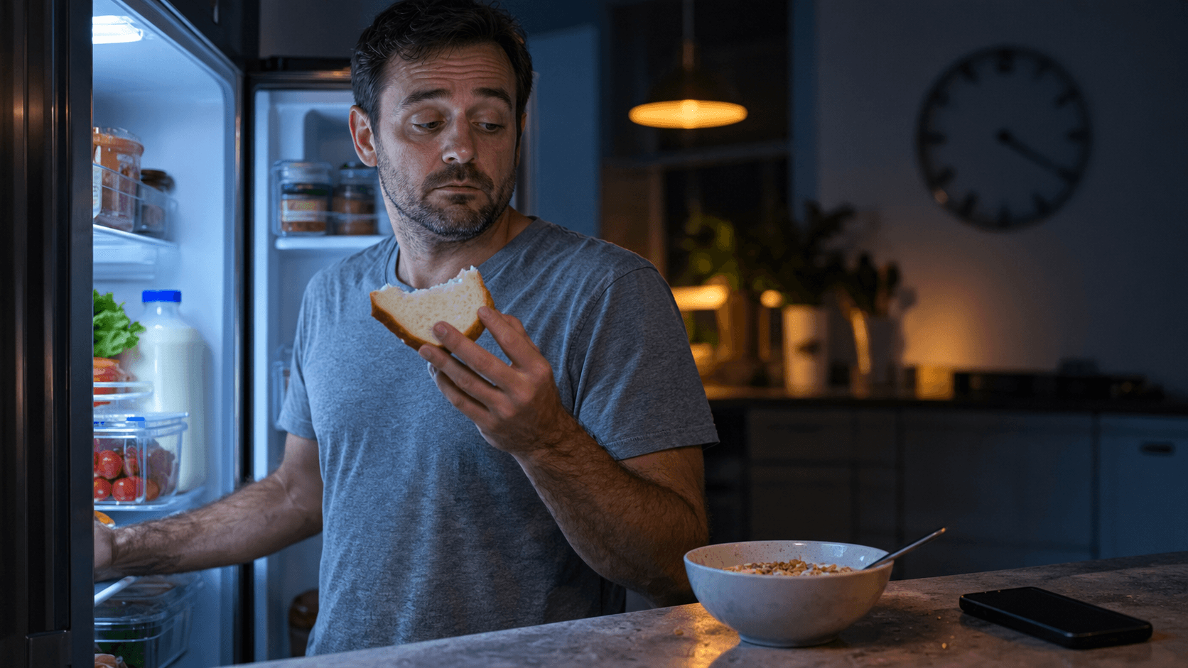 Homme fatigué devant un réfrigérateur ouvert tard le soir, tranche de pain à la main, dans une cuisine faiblement éclairée