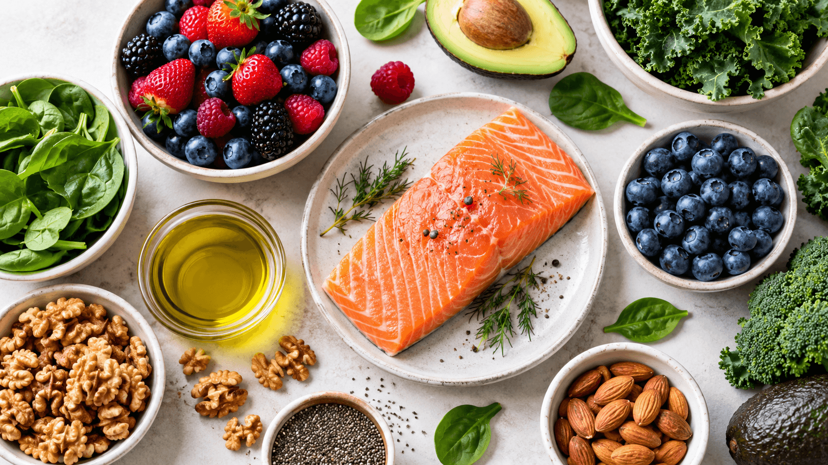Assiette vue de dessus avec saumon, noix, myrtilles, épinards et huile d olive pour la santé cérébrale