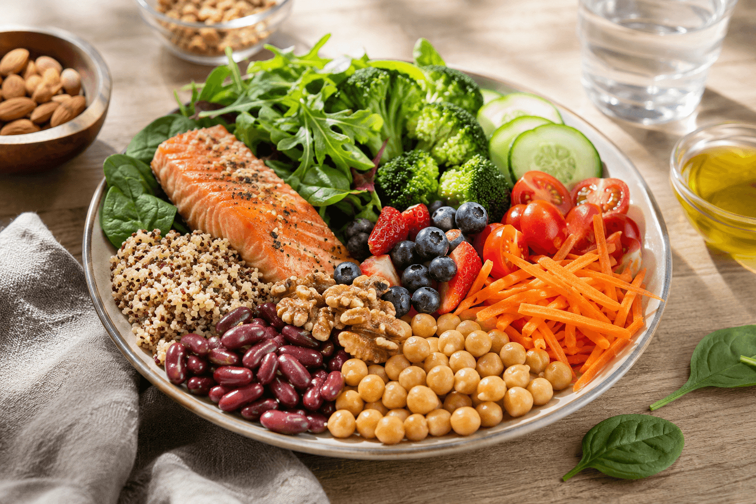 Assiette équilibrée d'aliments frais et colorés illustrant la nutrition fonctionnelle personnalisée