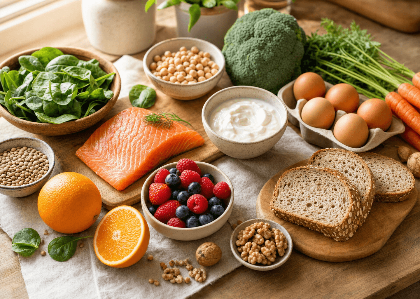 Nature morte d'aliments frais et colorés recommandés pendant la grossesse : légumes verts, légumineuses, agrumes, œufs, poisson et noix sur une table en bois.