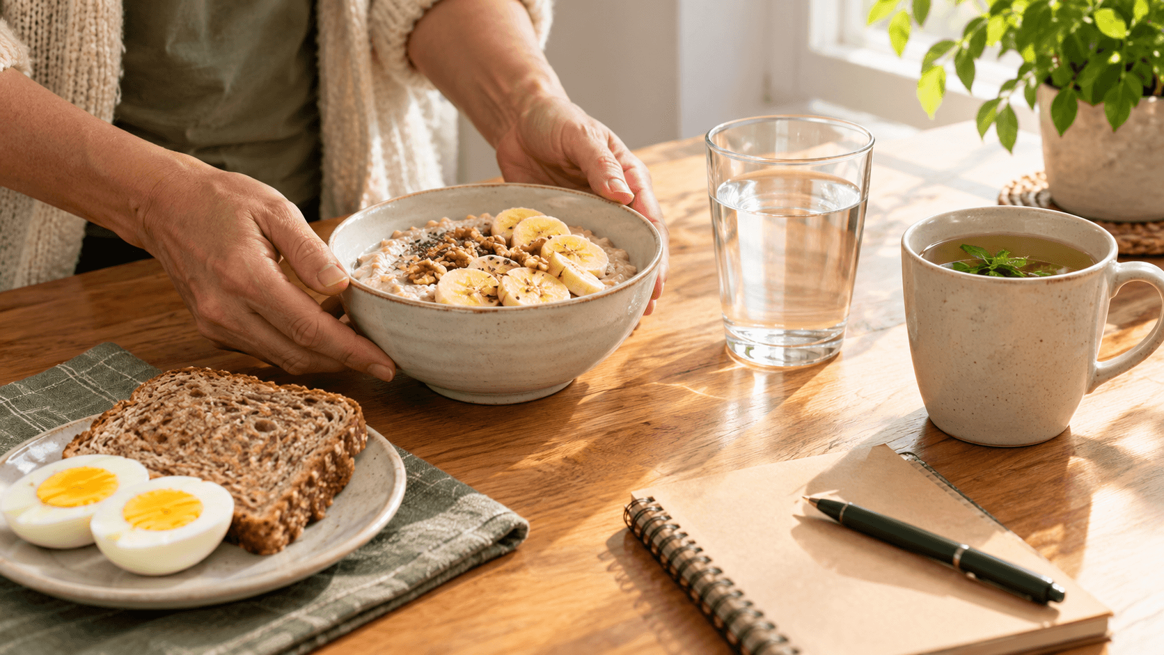 Petit-déjeuner équilibré sur une table en bois ensoleillée : porridge à la banane, œufs, pain complet, eau et infusion