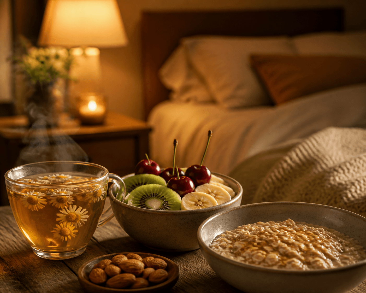Tasse de tisane à la camomille, fruits frais et amandes sur une table en bois dans une ambiance douce du soir propice au sommeil