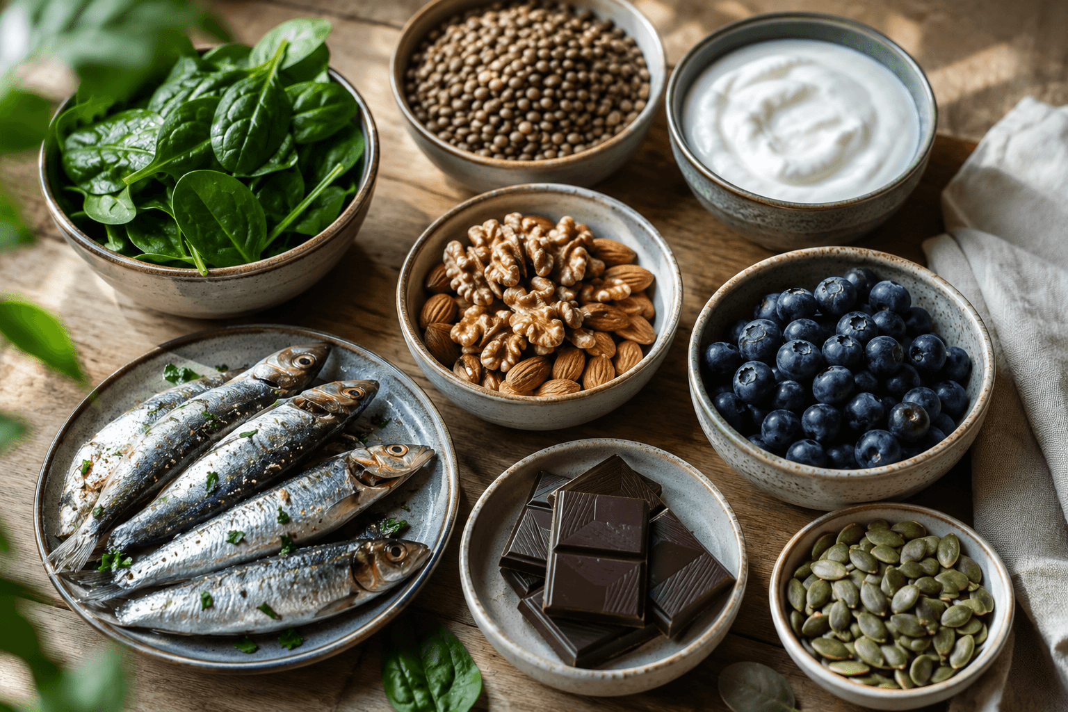 Aliments anti-stress riches en oméga-3, magnésium et fibres illustrant l'axe intestin-cerveau