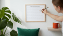 Gros plan de mains cochant un calendrier mural au crayon, coussin appuyé contre le mur