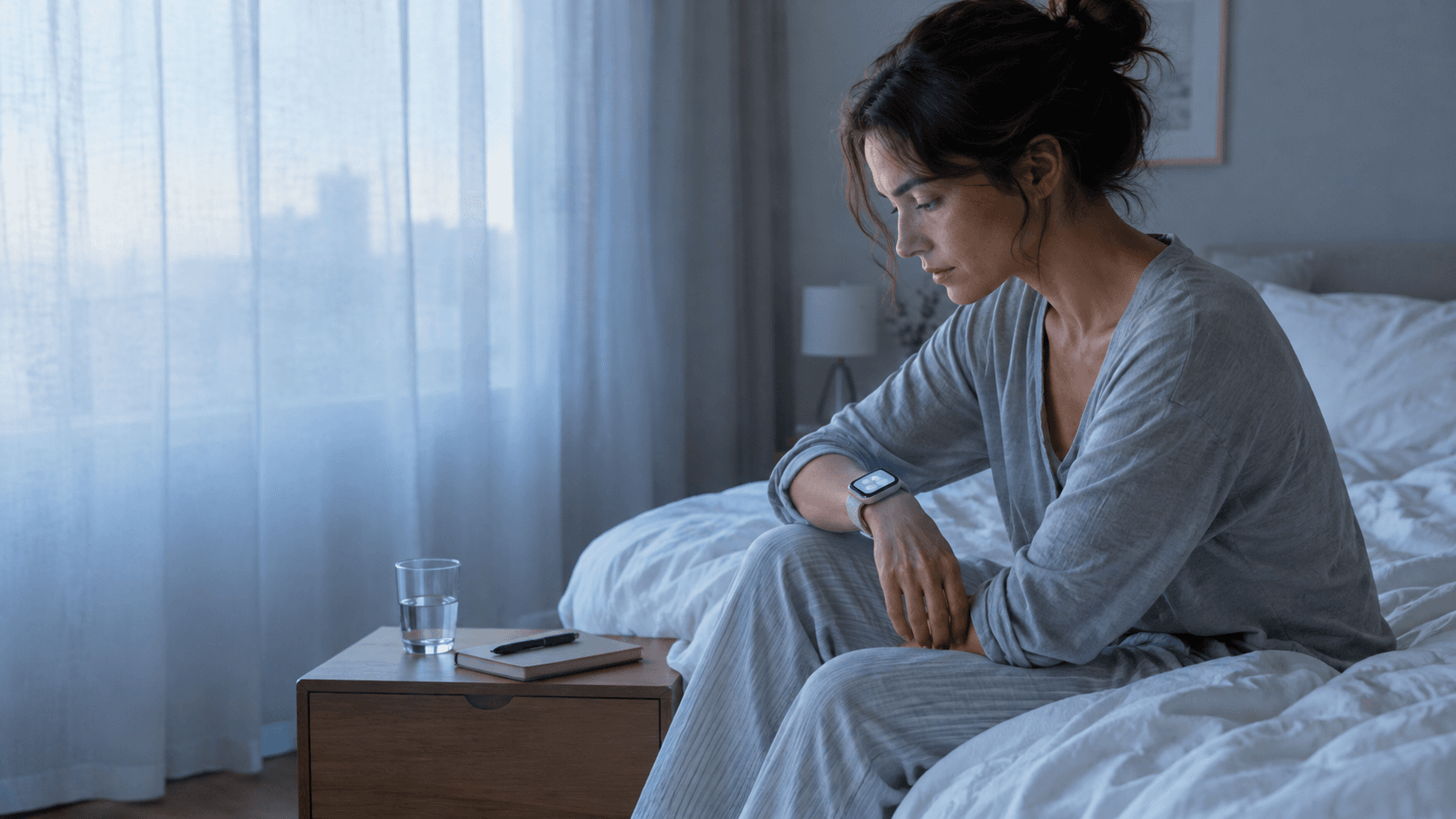 Femme assise au bord du lit à l’aube regardant sa montre connectée d’un air pensif, carnet posé sur la table de nuit