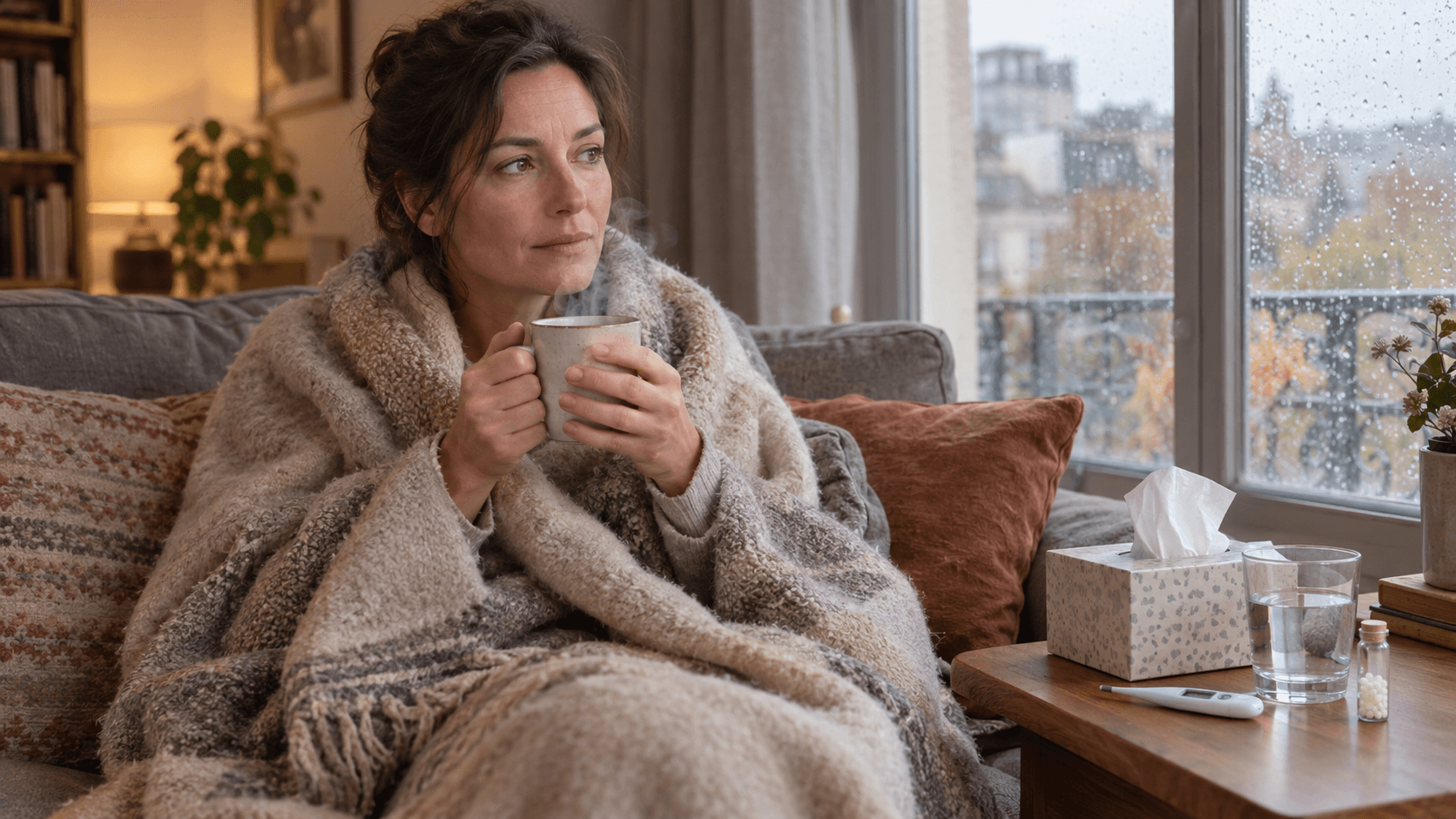 Femme enrhumée sous un plaid sur son canapé, tenant une tisane chaude, près d’un thermomètre et d’un tube de granules