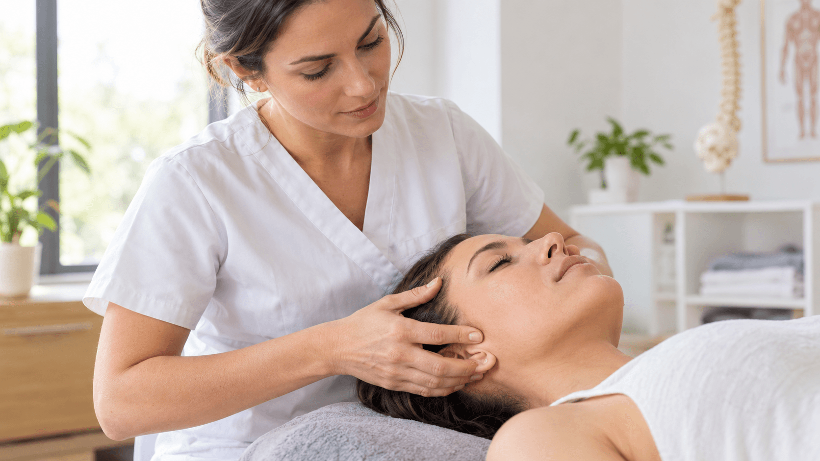 Ostéopathe réalisant une évaluation manuelle douce de la mâchoire et de l'articulation temporo-mandibulaire d'un patient