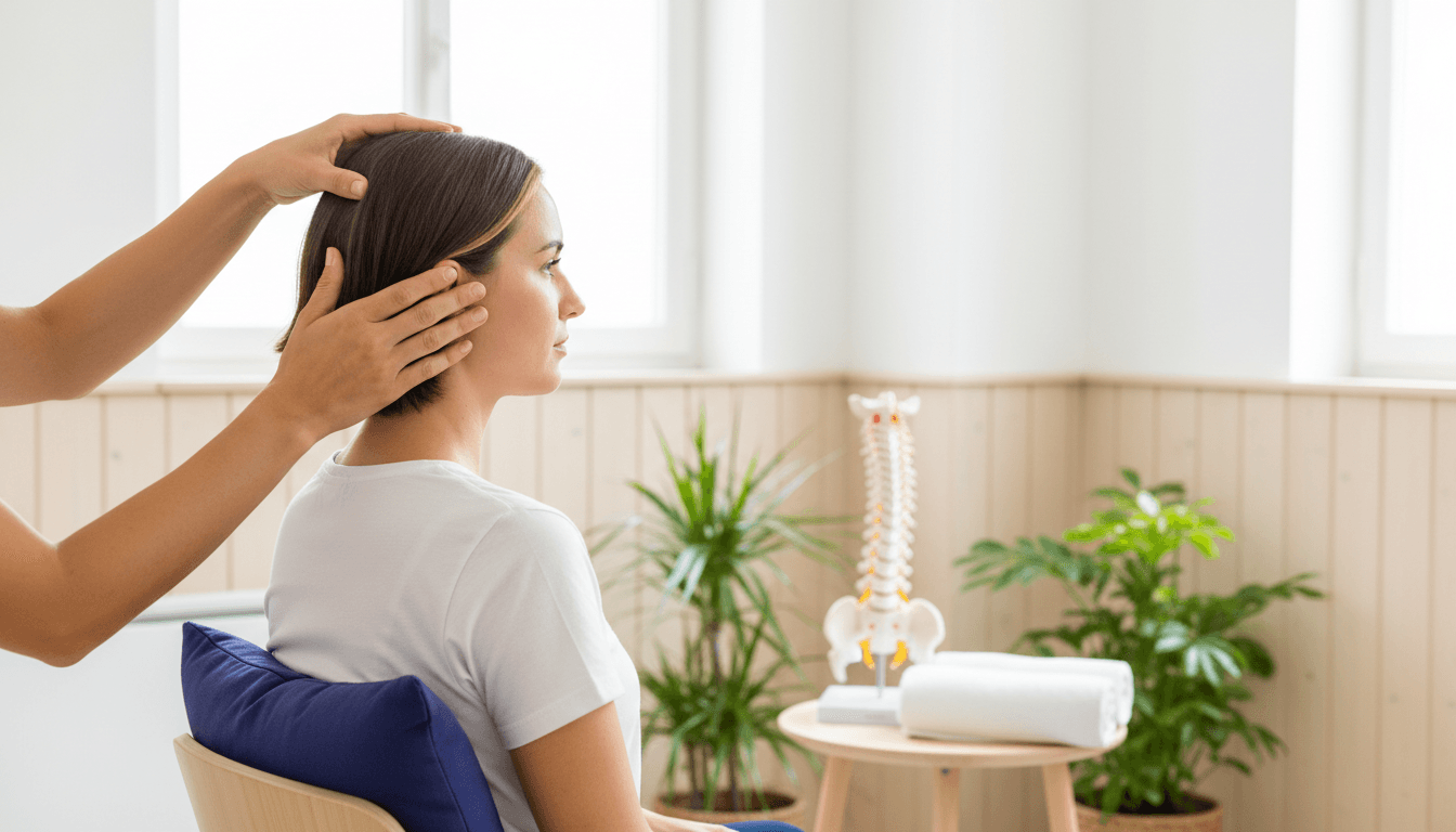 Les doigts d'un ostéopathe à la base du crâne d'un patient assis, tous deux vus de profil