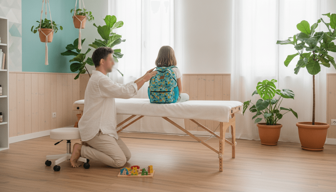 Un enfant assis en tailleur sur une table de soin, un ostéopathe agenouillé vérifie ses épaules