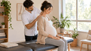 Femme enceinte accompagnée en douceur par un ostéopathe lors d'une consultation dans un cabinet lumineux