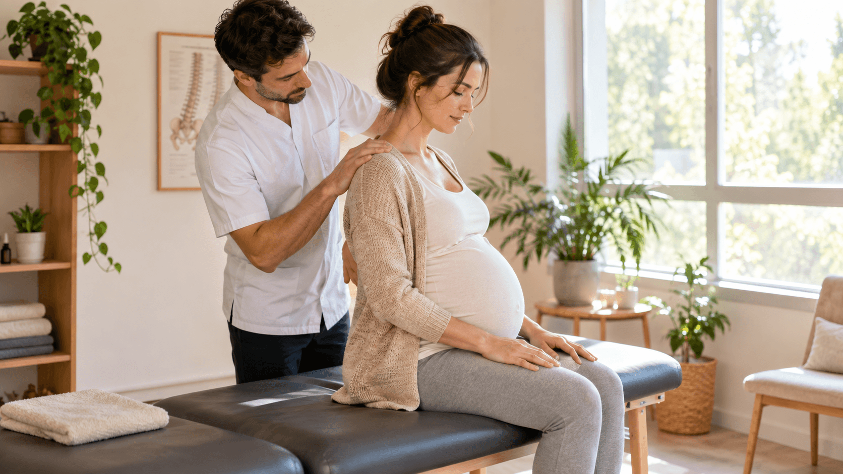 Femme enceinte accompagnée en douceur par un ostéopathe lors d'une consultation dans un cabinet lumineux