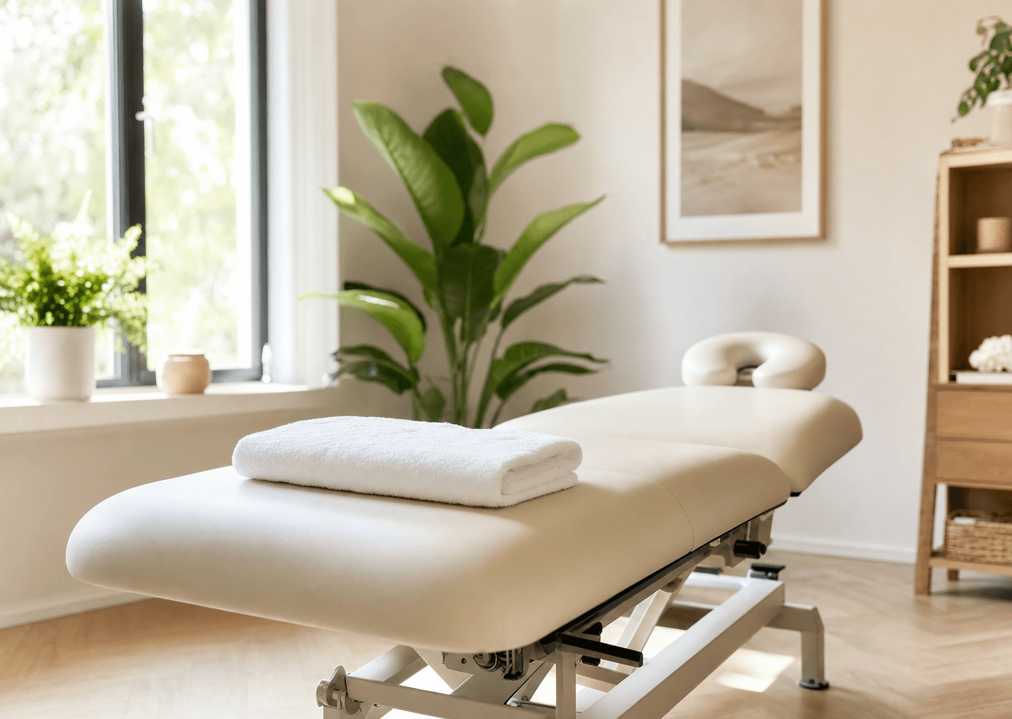 Cabinet d'ostéopathie lumineux et apaisant avec table de soin, pour l'accompagnement du mal de dos