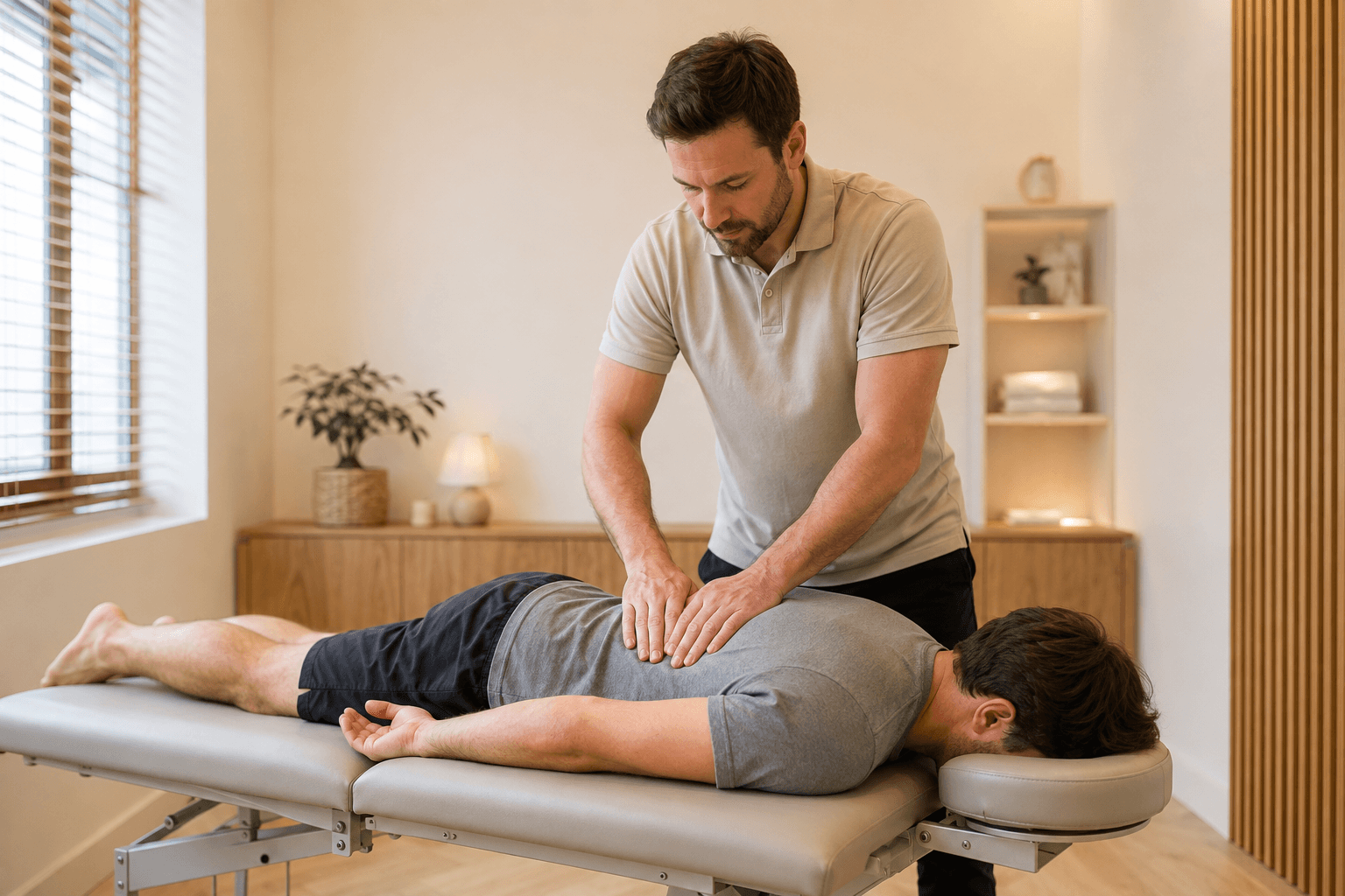 Séance d'ostéopathie structurelle : technique articulaire douce sur le dos d'un patient dans un cabinet apaisant