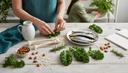 Mains disposant sardines, amandes et chou autour d'un modèle d'os sur une table en bois