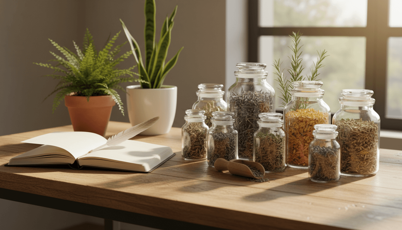 Bureau en bois de naturopathe avec bocaux de plantes séchées, cuillère en bois, carnet ouvert et plantes vertes, lumière chaleureuse d'atelier