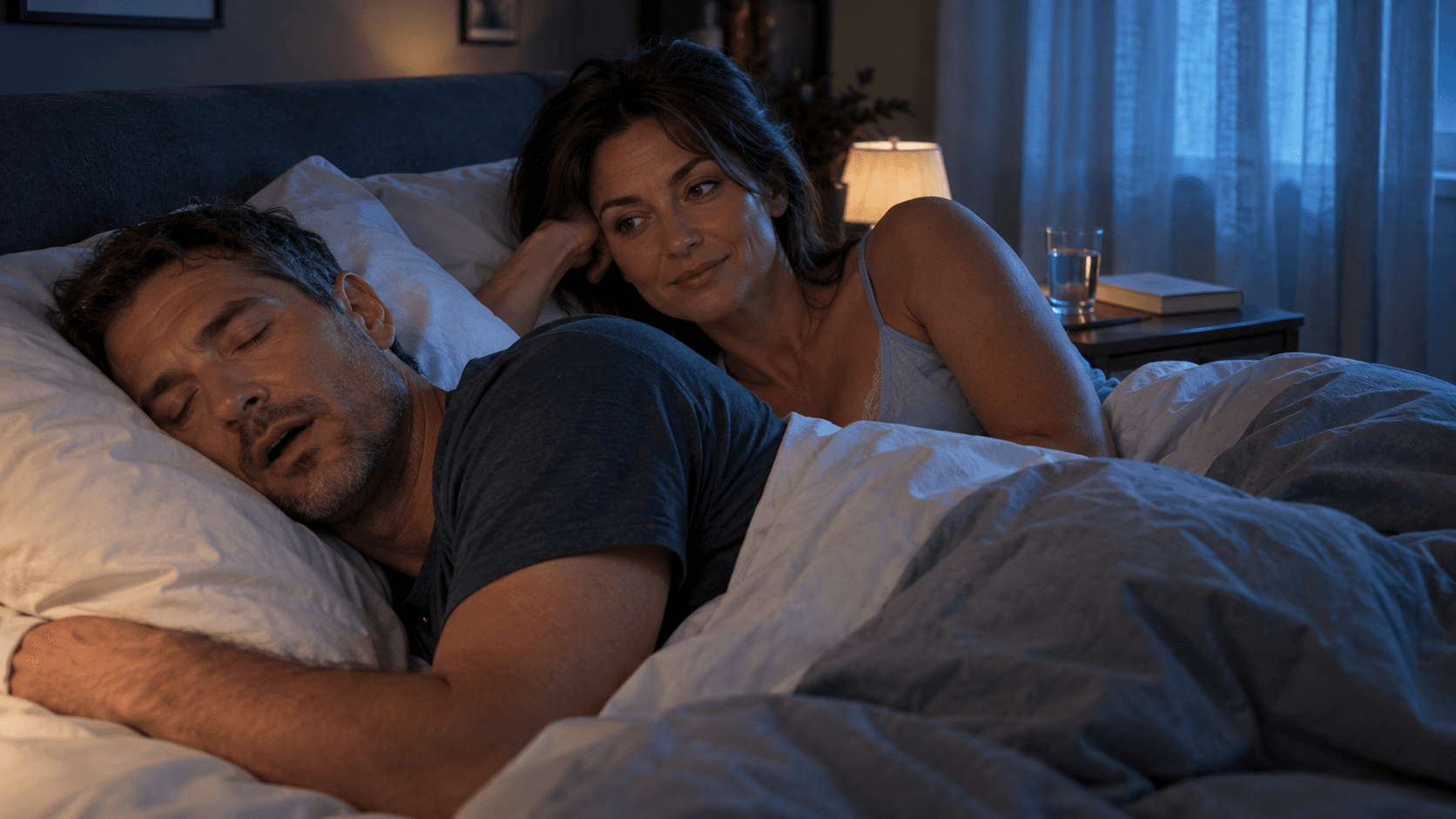 Homme endormi qui murmure dans son sommeil, observé avec un sourire curieux par sa compagne éveillée dans une chambre sombre