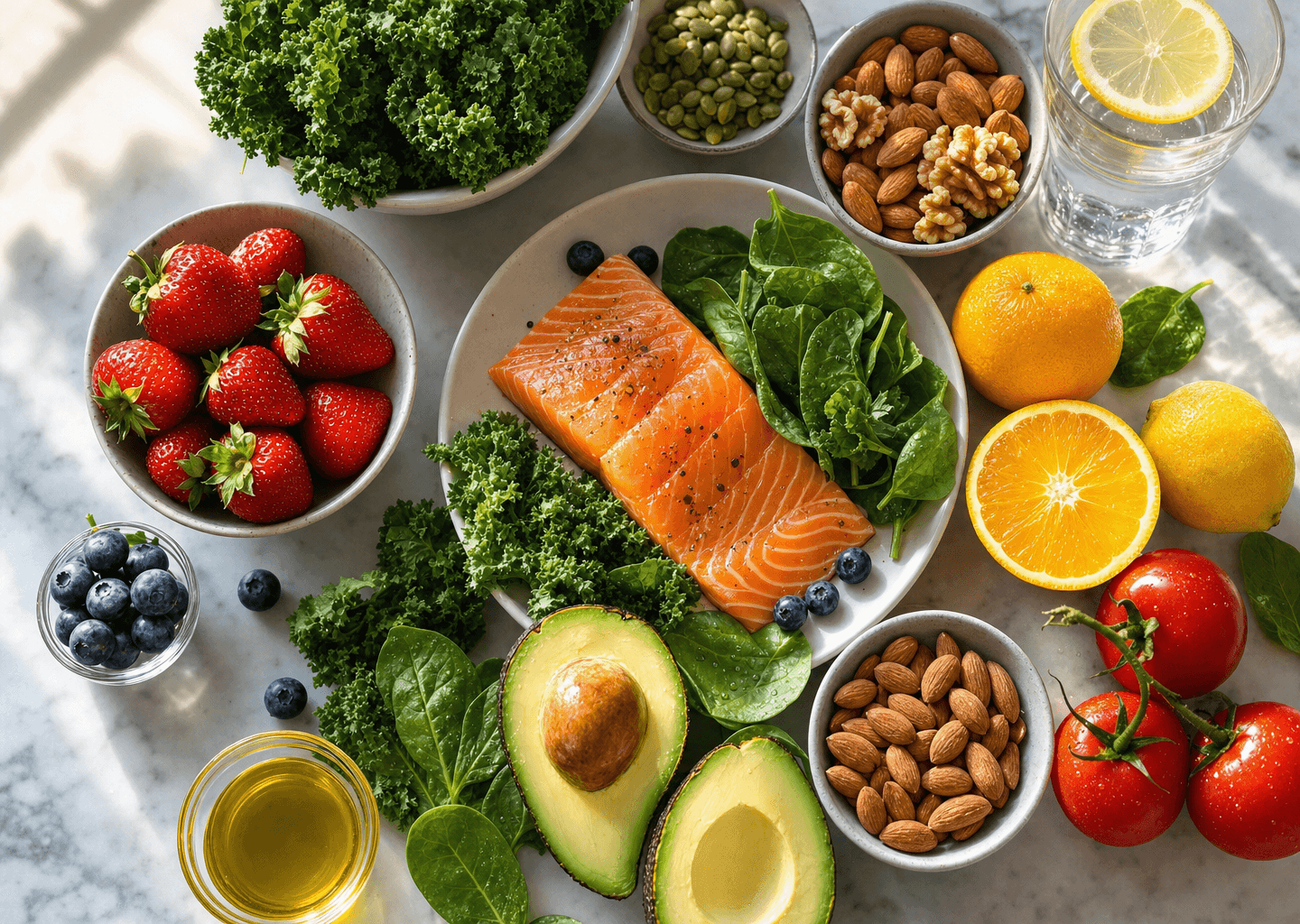 Assortiment coloré d'aliments frais bons pour la peau : fruits rouges, saumon, légumes verts, avocat, oléagineux et verre d'eau citronnée sur un plan lumineux