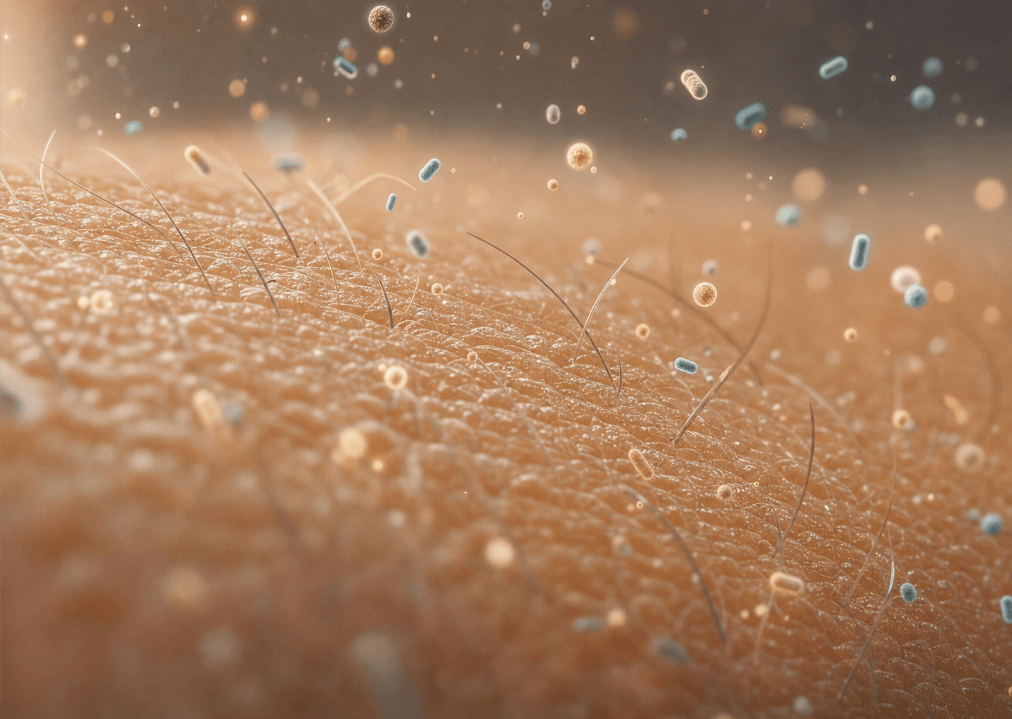 Gros plan macro d'une peau humaine saine évoquant le microbiote cutané, avec de fines particules lumineuses en suspension