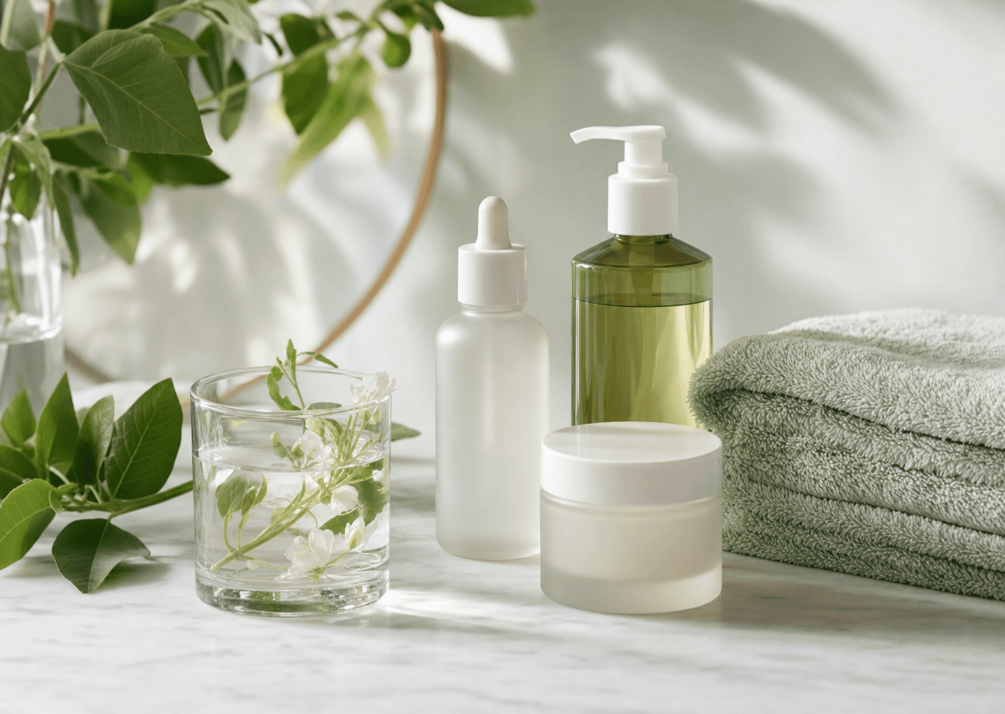 Rituel de soin bien-être apaisant : flacons de soin neutres, serviette et feuilles vertes fraîches sur un plan clair, ambiance fraîche et sereine