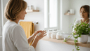 Mains d'une femme appliquant une crème sur le dos de la main devant un lavabo, pot en verre