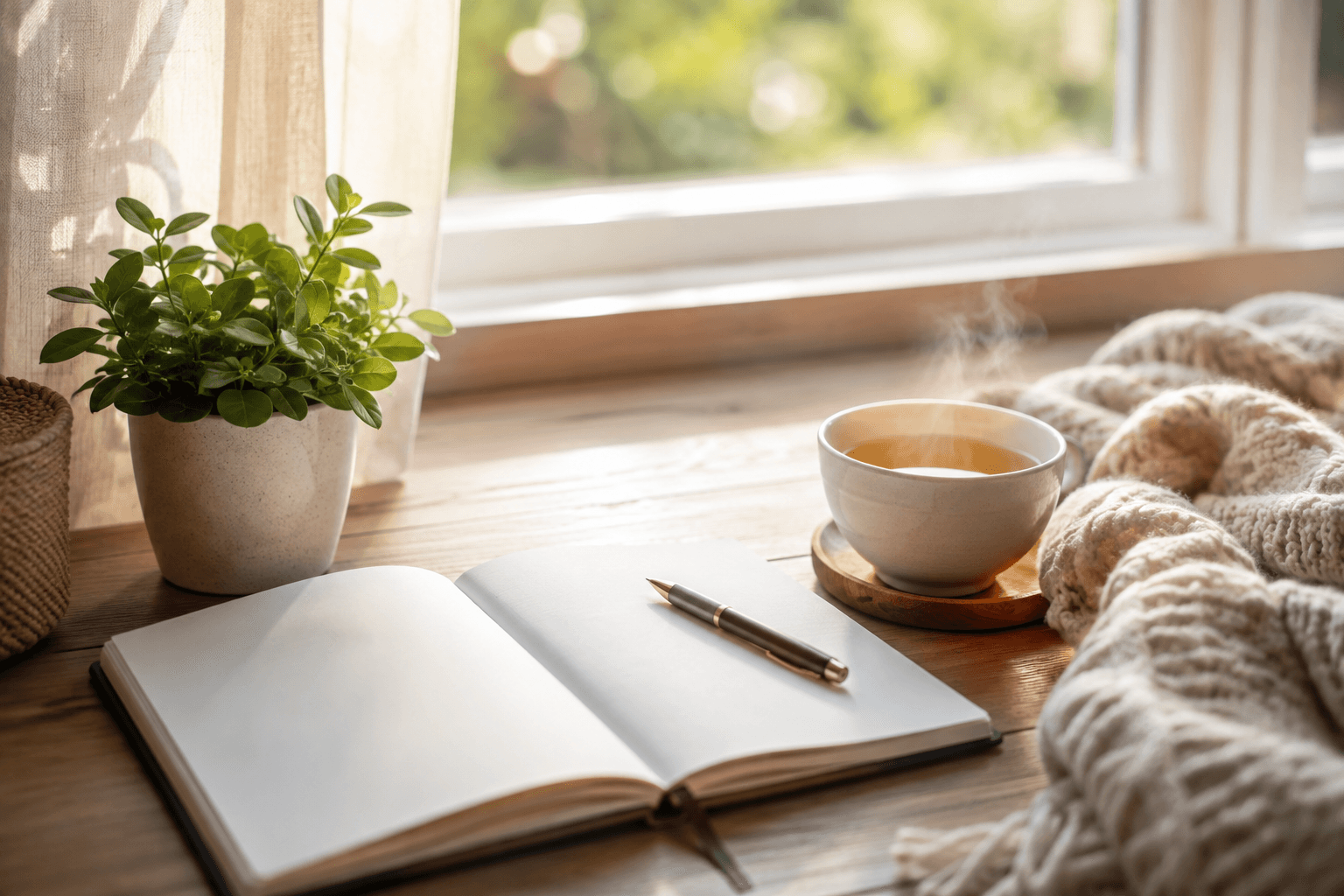 Bureau apaisant avec carnet ouvert et tasse de tisane près d'une fenêtre lumineuse