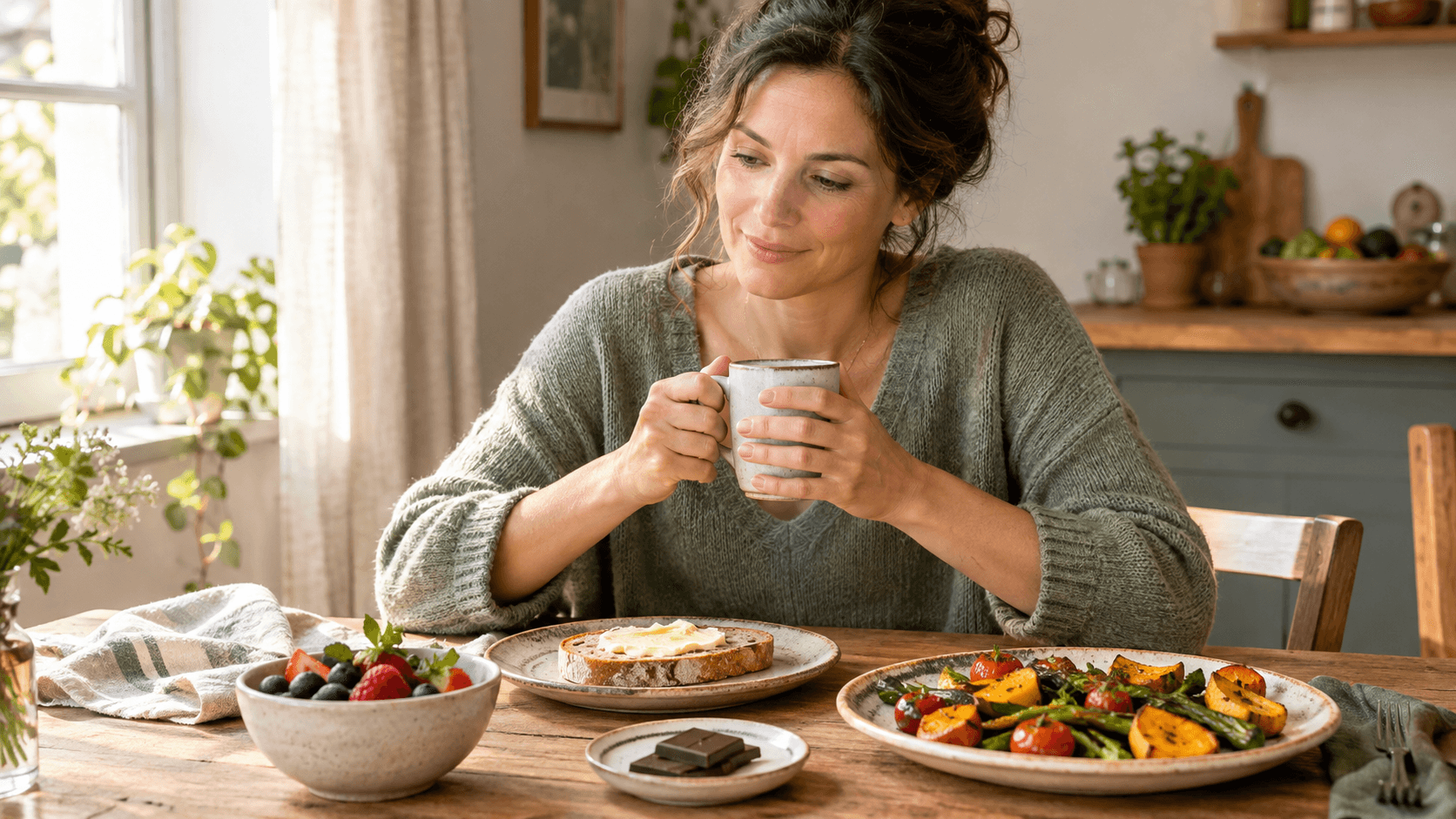 Femme sereine dans une cuisine lumineuse, tasse de thé en main, devant du pain beurré, des fruits rouges et du chocolat
