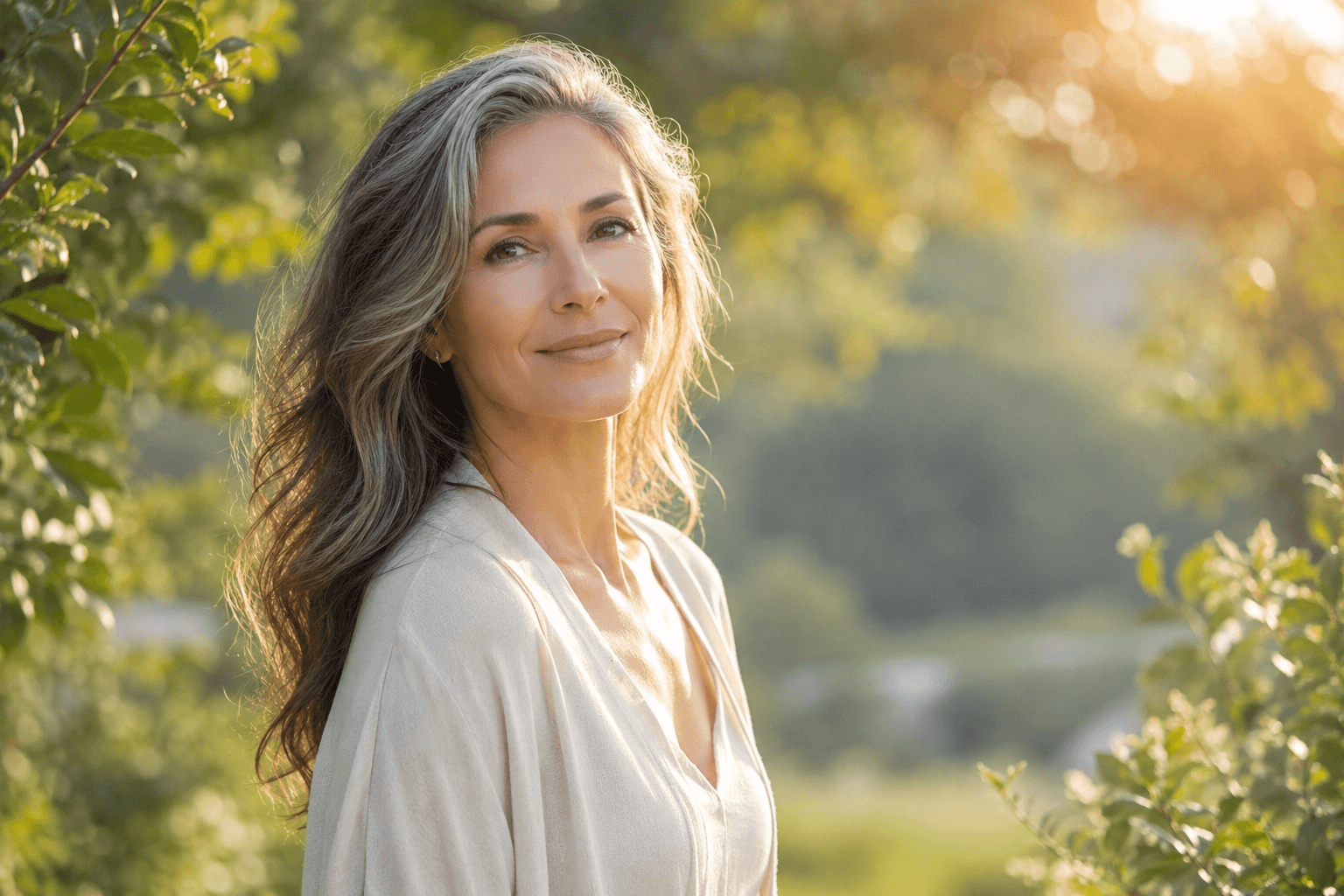 Femme d'âge mûr sereine et épanouie en pleine nature, lumière douce, symbole de bien-être pendant la périménopause