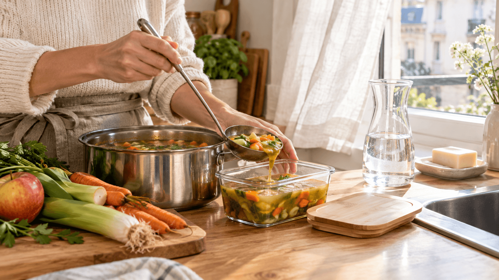 Mains versant une soupe maison d’une casserole en inox dans un bocal en verre, cuisine lumineuse avec fenêtre ouverte