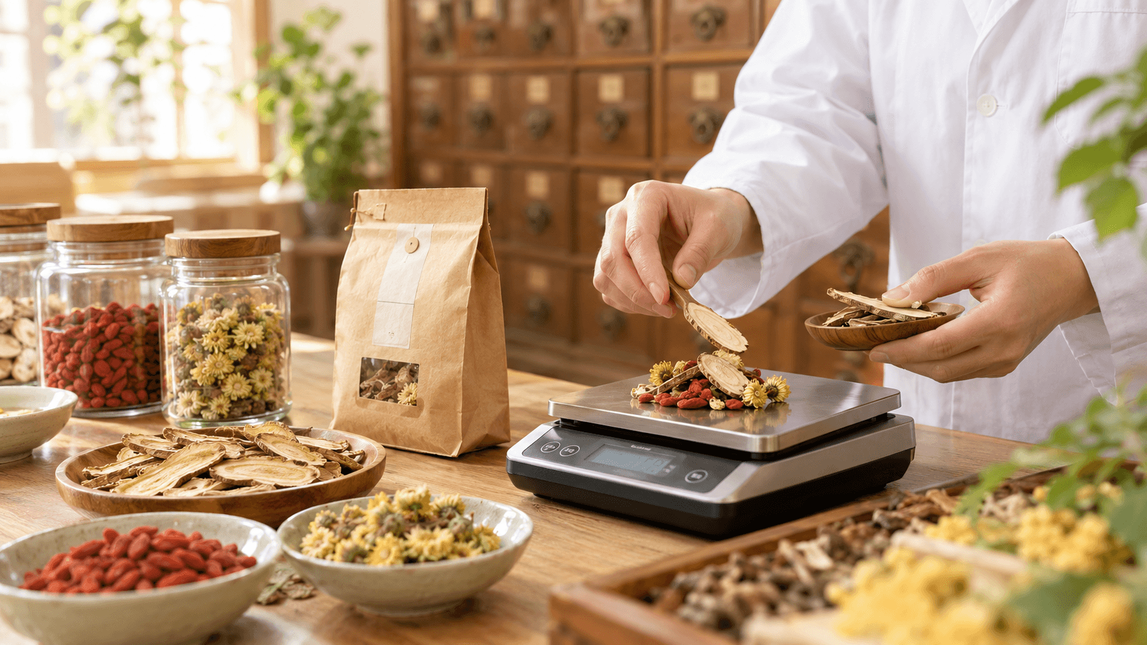 Mains d’une pharmacienne pesant des racines d’astragale, baies de goji et réglisse séchées sur une balance de précision