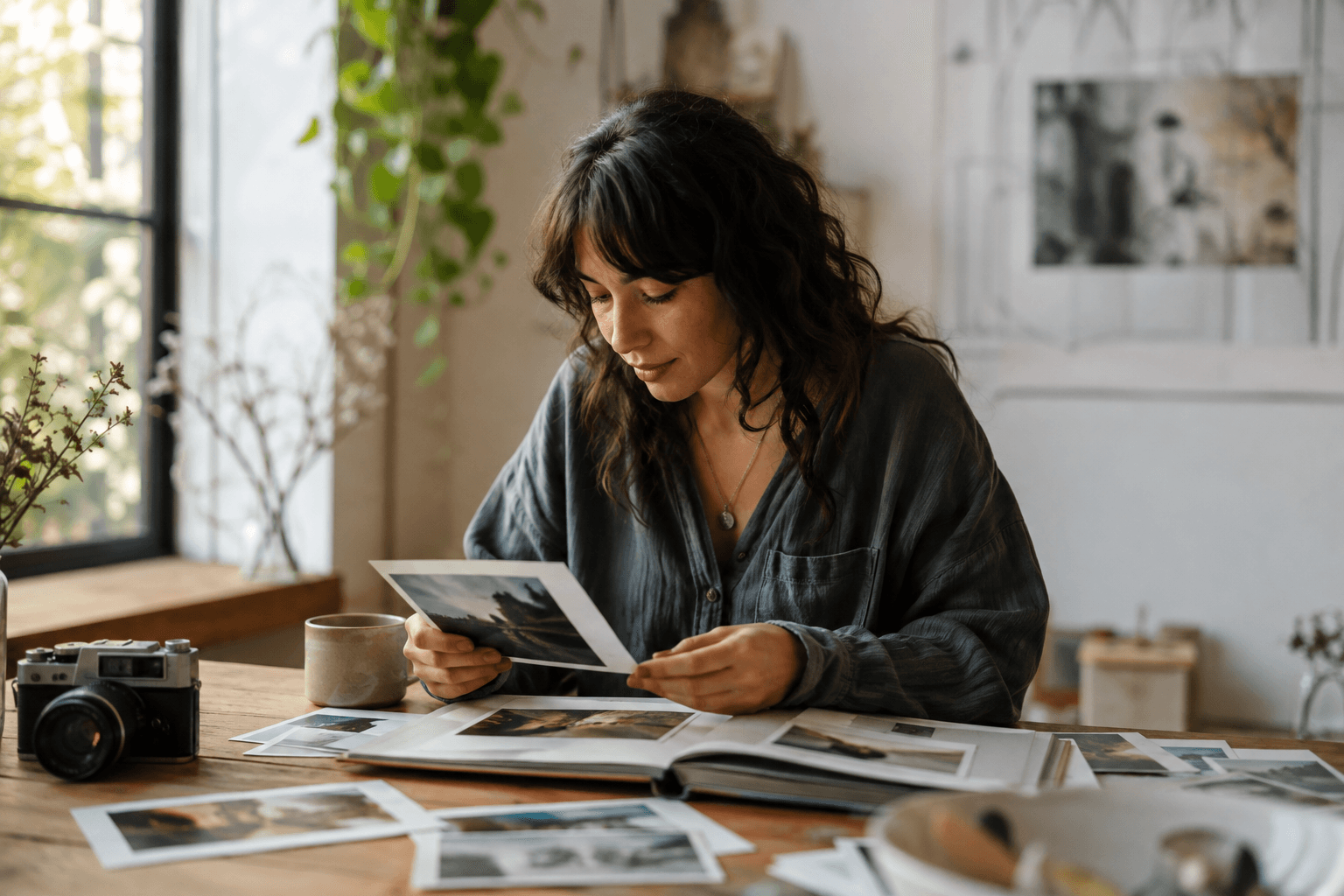 Personne feuilletant des photographies et un album dans un atelier créatif lumineux et apaisant, avec appareil photo et tirages