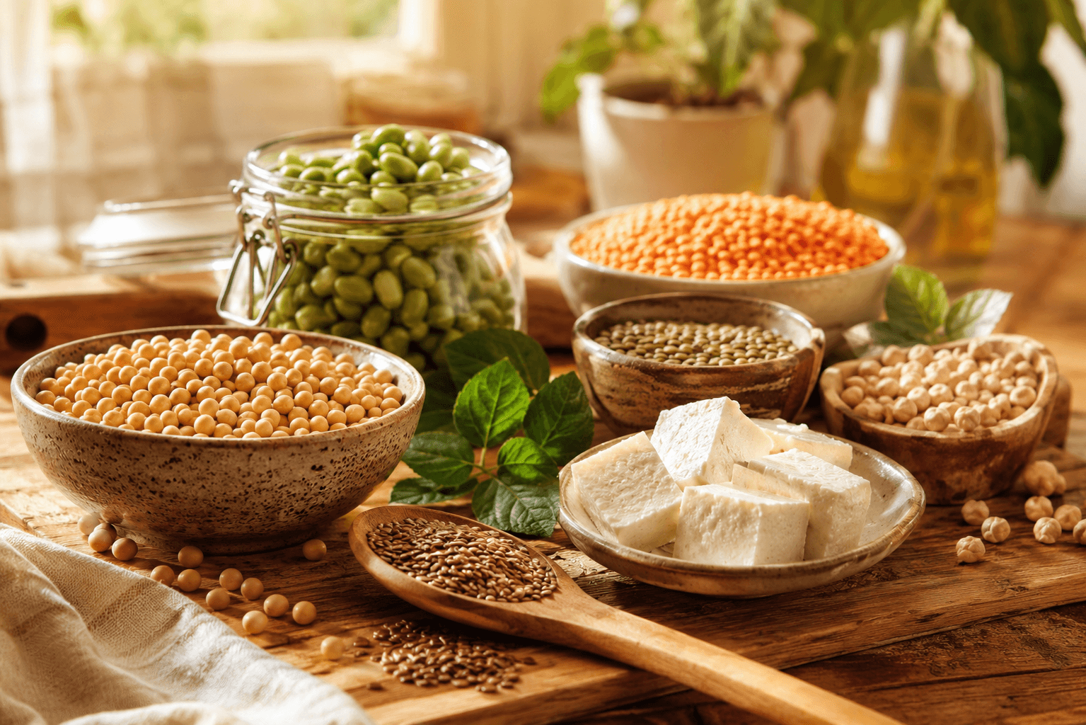 Graines de soja, graines de lin dorées, edamame et légumineuses sur une table en bois, lumière chaleureuse : sources naturelles de phytoestrogènes