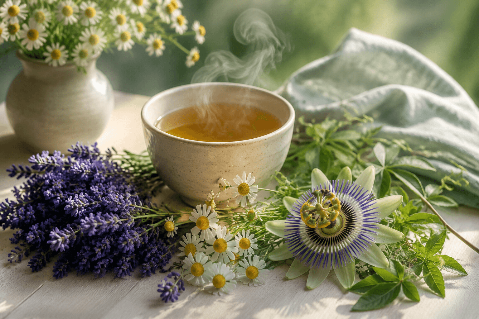 Plantes apaisantes pour l'anxiété : lavande, camomille et passiflore avec une infusion