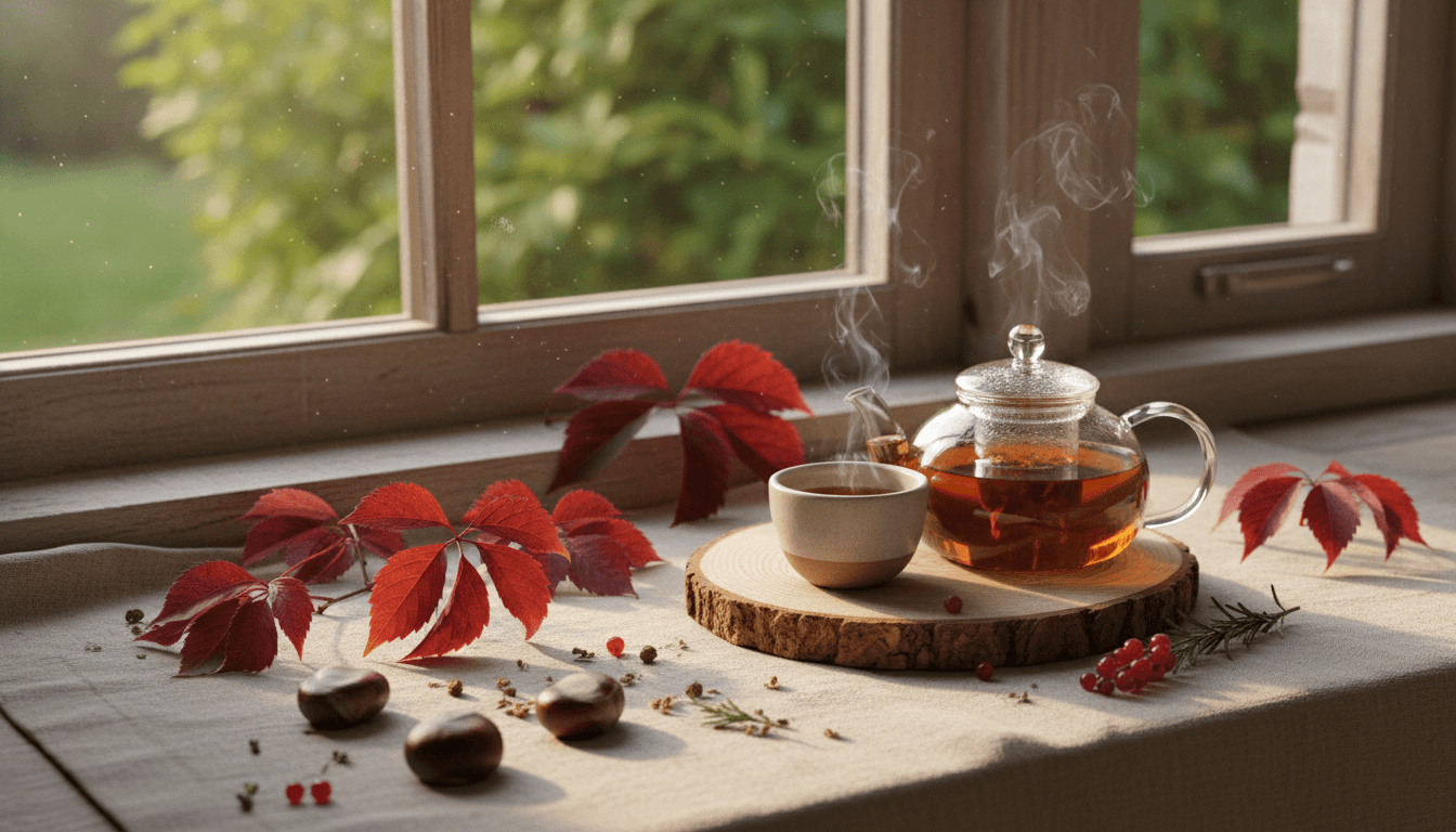 Feuilles de vigne rouge, marron d'Inde et infusion apaisante évoquant une bonne circulation sanguine et des jambes légères
