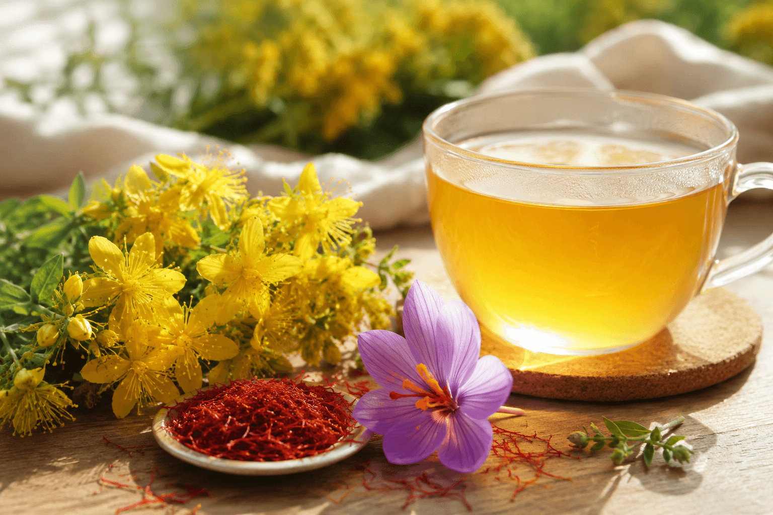 Fleurs jaunes de millepertuis, pistils de safran et tasse d'infusion apaisante dans une lumière douce