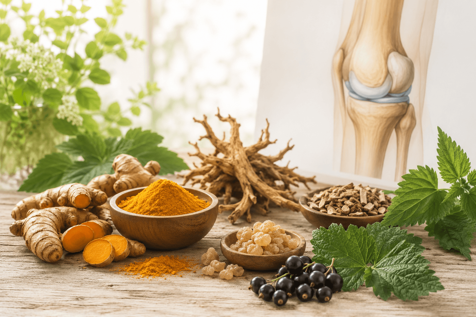 Plantes médicinales pour les articulations (curcuma, harpagophyton, boswellia, cassis) et illustration d'un genou