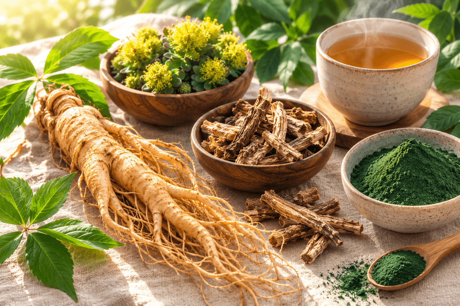 Composition de plantes toniques et adaptogènes contre la fatigue : ginseng, rhodiole, éleuthérocoque et spiruline sur fond naturel lumineux