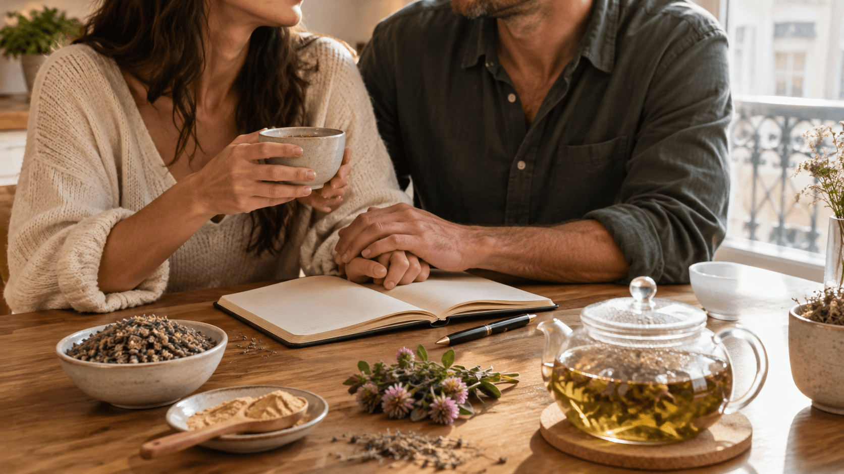 Couple à une table de cuisine ensoleillée avec une tisane, des baies de gattilier, de la maca et des fleurs de trèfle rouge