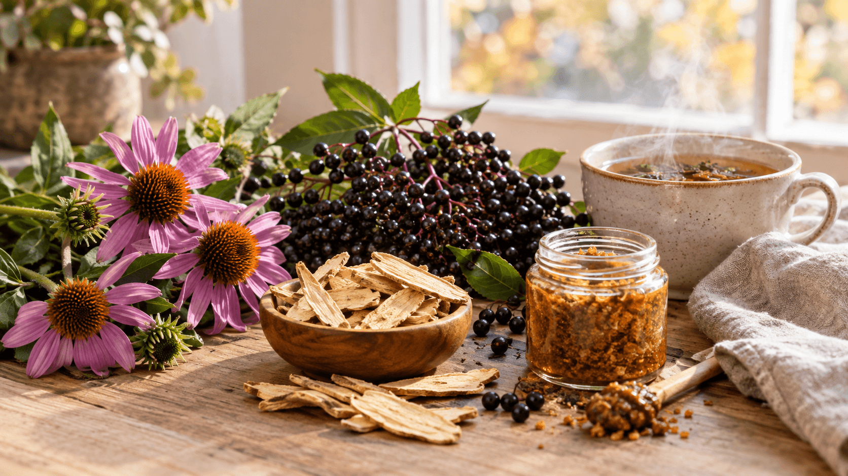 Échinacée, sureau noir, astragale et propolis dorée avec une tisane sur une table en bois, plantes de soutien de l'immunité