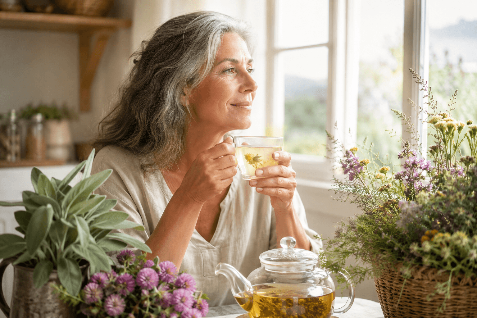 Femme d'âge mûr sereine tenant une infusion apaisante, entourée de sauge, trèfle rouge et plantes médicinales dans une lumière douce