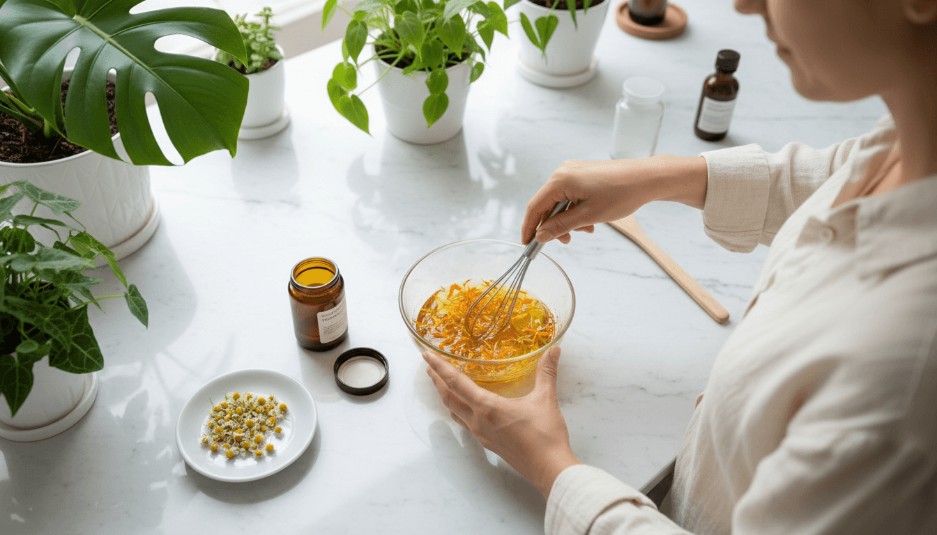 Vue plongeante de mains fouettant des pétales de calendula dans un bol d'huile, camomille et pot ambré