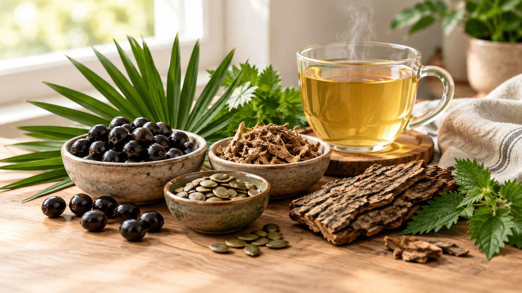Baies de palmier nain, graines de courge, racine d'ortie et tisane sur une table en bois, plantes du confort urinaire