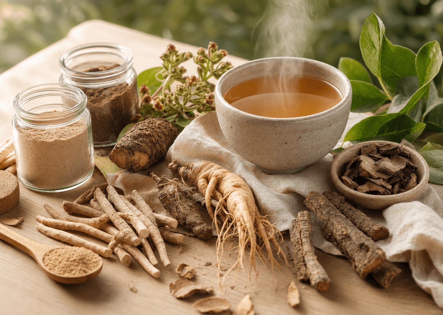 Plantes adaptogènes fraîches et séchées, racines d'ashwagandha, de rhodiola et de ginseng disposées sur une table en bois avec une tisane apaisante