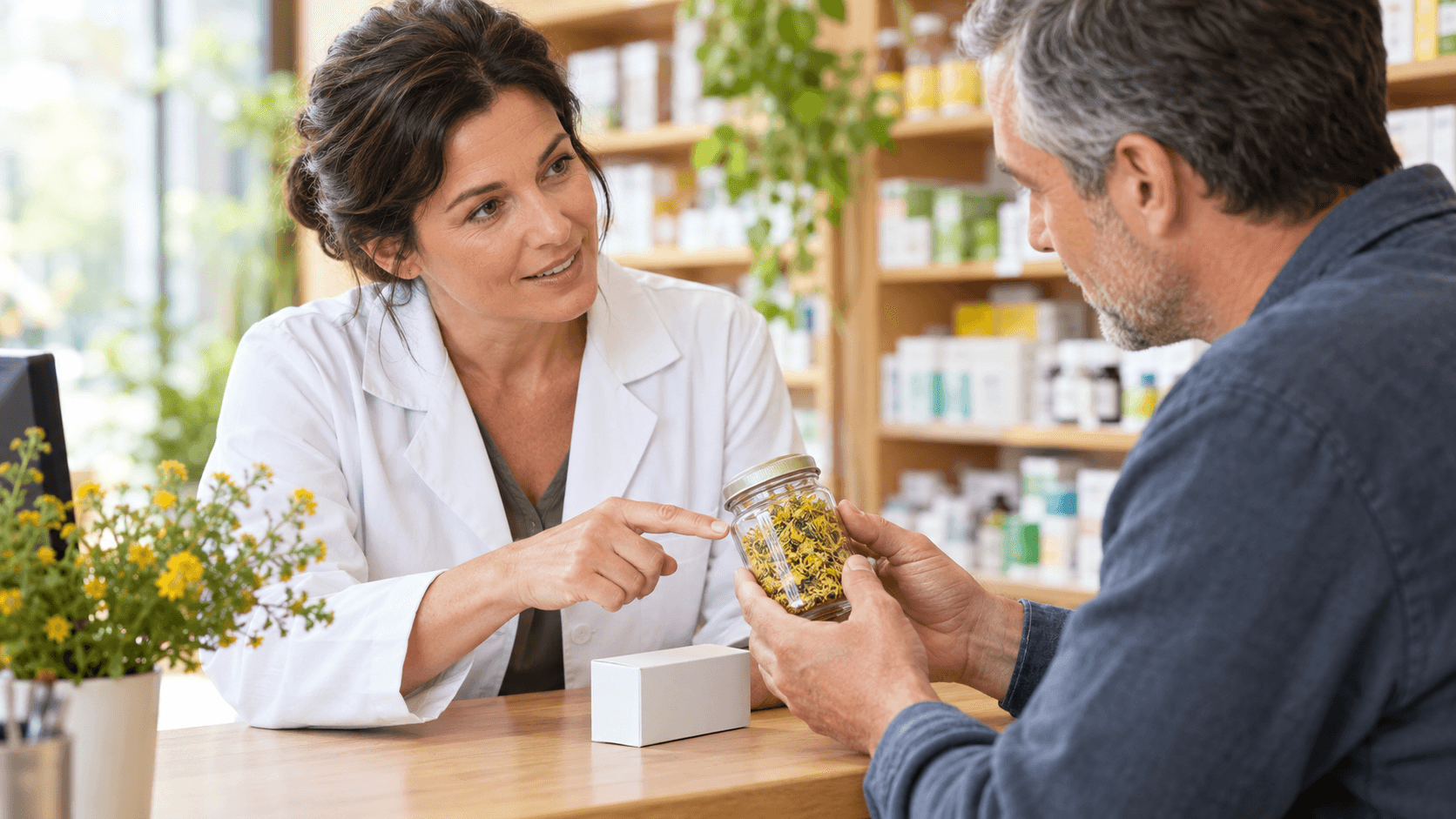 Pharmacienne écoutant un homme qui lui montre un bocal de fleurs de millepertuis séchées posé près d’une boîte de médicament